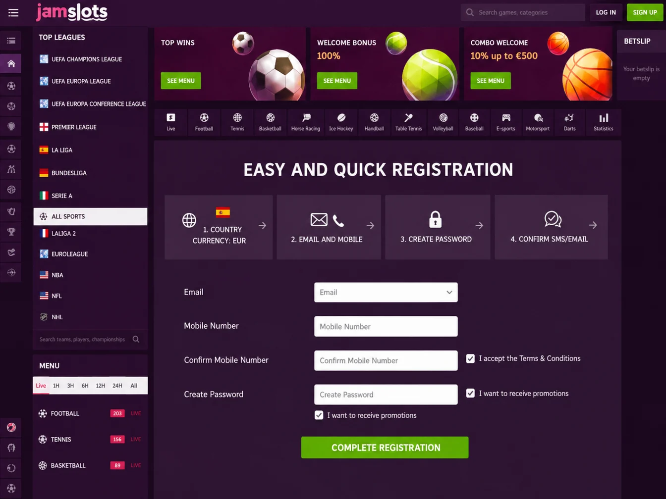 pasos de registro con checklist y símbolos de España y EUR