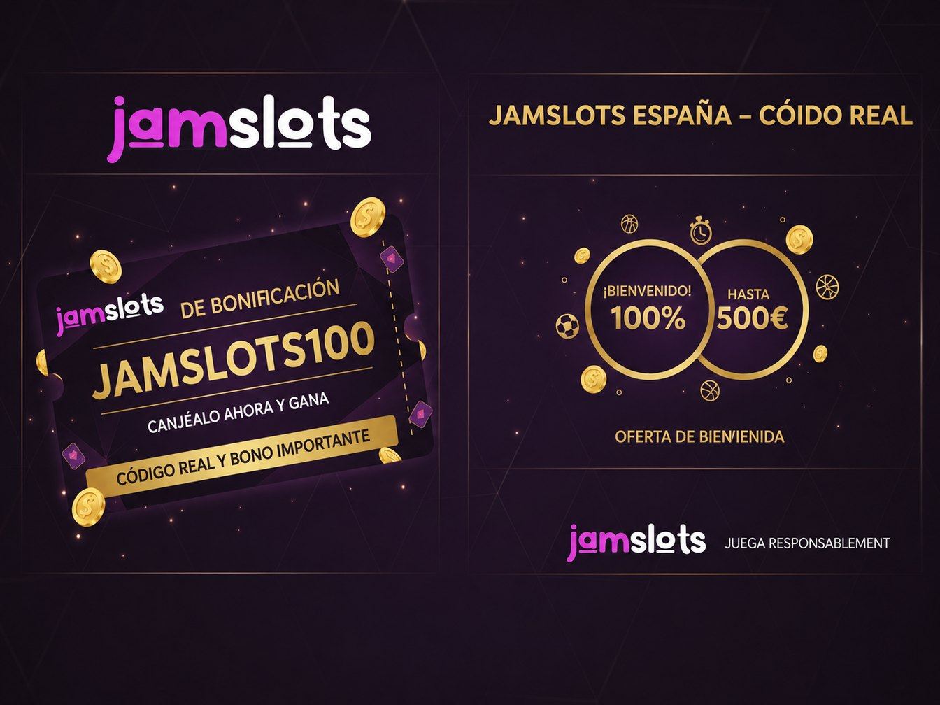 Interfaz de JamSlot mostrando que no existe un código único público, bono activo automáticamente